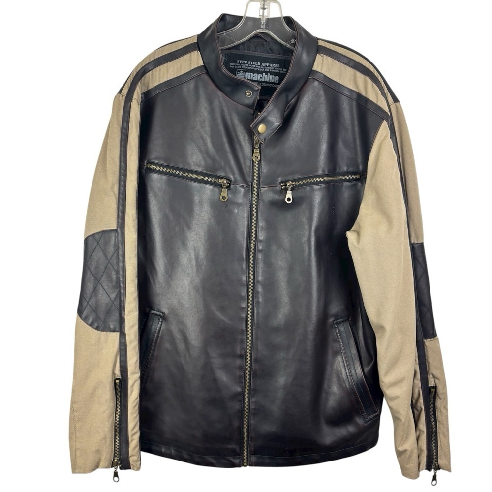 Machine Faux Leather Two-Tone Black and Tan Bomber/Biker Jacket Size L Outdoor